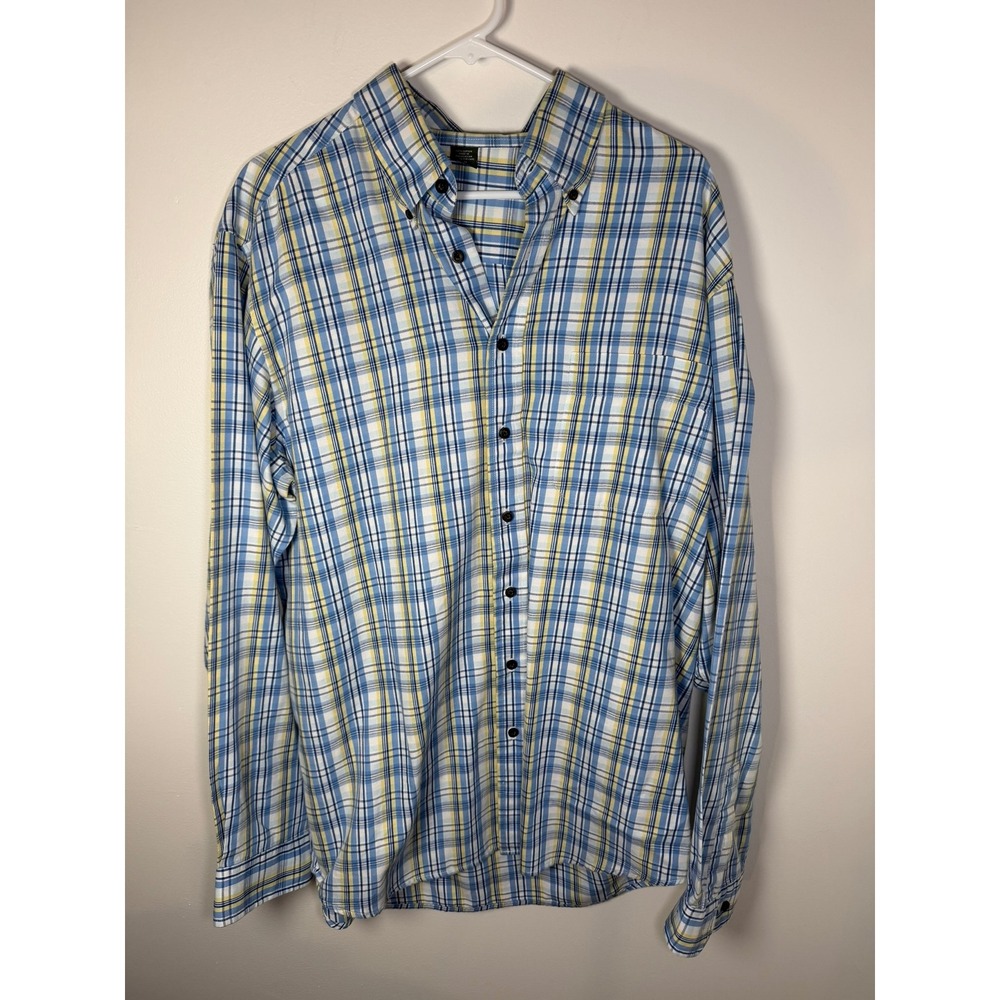 Eddie Bauer Mens Large Tall Plaid Button Down Shirt Blue Yellow Cotton
